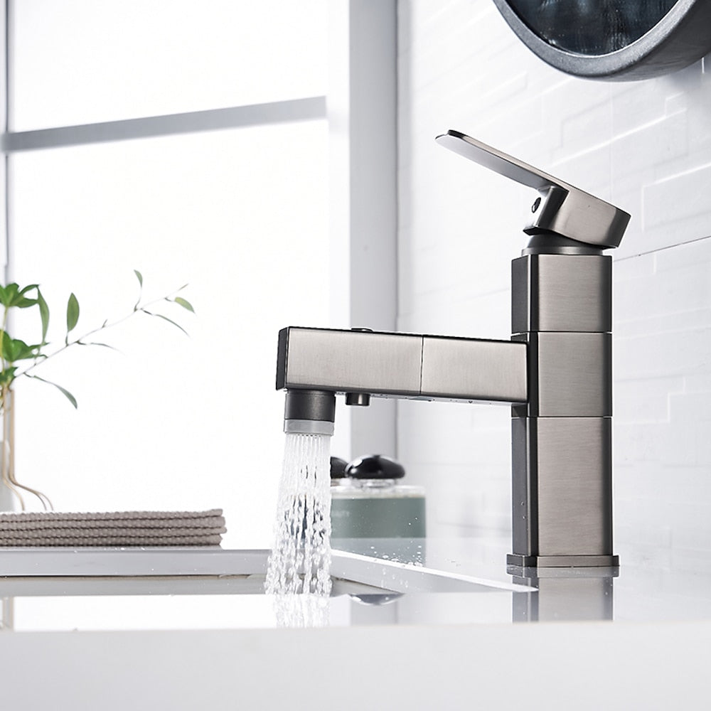Modern Pull-Out Bathroom Faucet, Single-Hole Swivel Spout Faucet, Matte Black / Chrome / Brushed Nickel / Gunmetal / Matte White