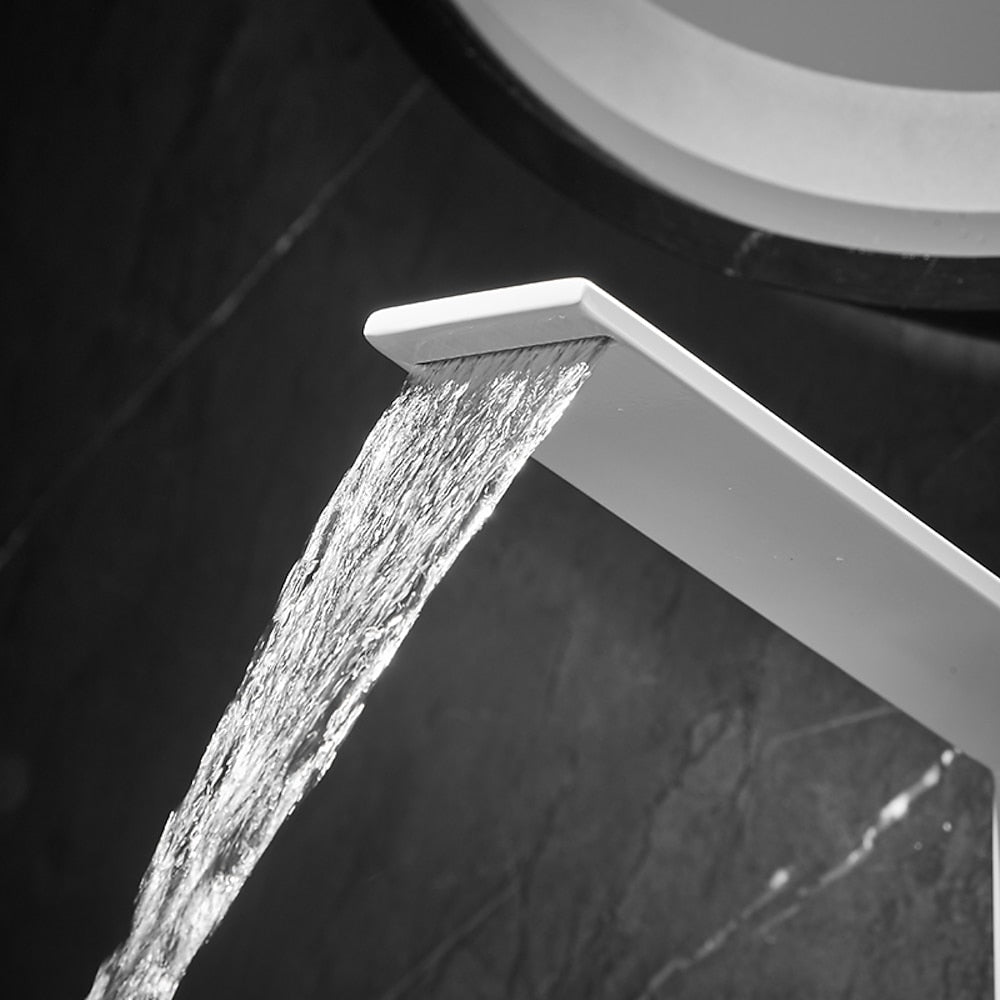 Waterfall Single-Hole Bathroom Faucet, Single-Handle Brass Faucet, Matte Black / Matte White / Chrome / Gunmetal