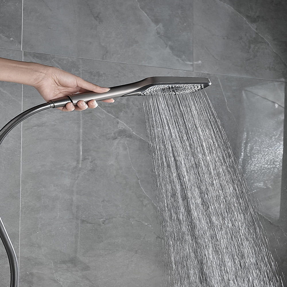 LED Waterfall Wall-Mount Tub Filler Faucet, Dual-Handle Bathroom Tub Faucet with Handheld Shower, Matte Black / Gunmetal / Matte White