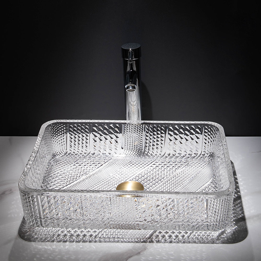 Transparent Rectangular Glass Vessel Sink, Single-Handle Chrome Faucet / Gold Pop-Up Drain Vessel Sink Set