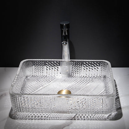 Transparent Rectangular Glass Vessel Sink, Single-Handle Chrome Faucet / Gold Pop-Up Drain Vessel Sink Set