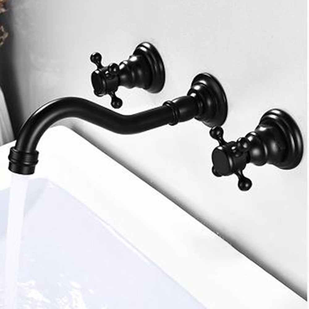 360-Degree Swivel Spout Wall-Mount Bathroom Faucet, Traditional Dual Cross Handle Brass Faucet, Antique Brass / Matte Black / Chrome / Matte White