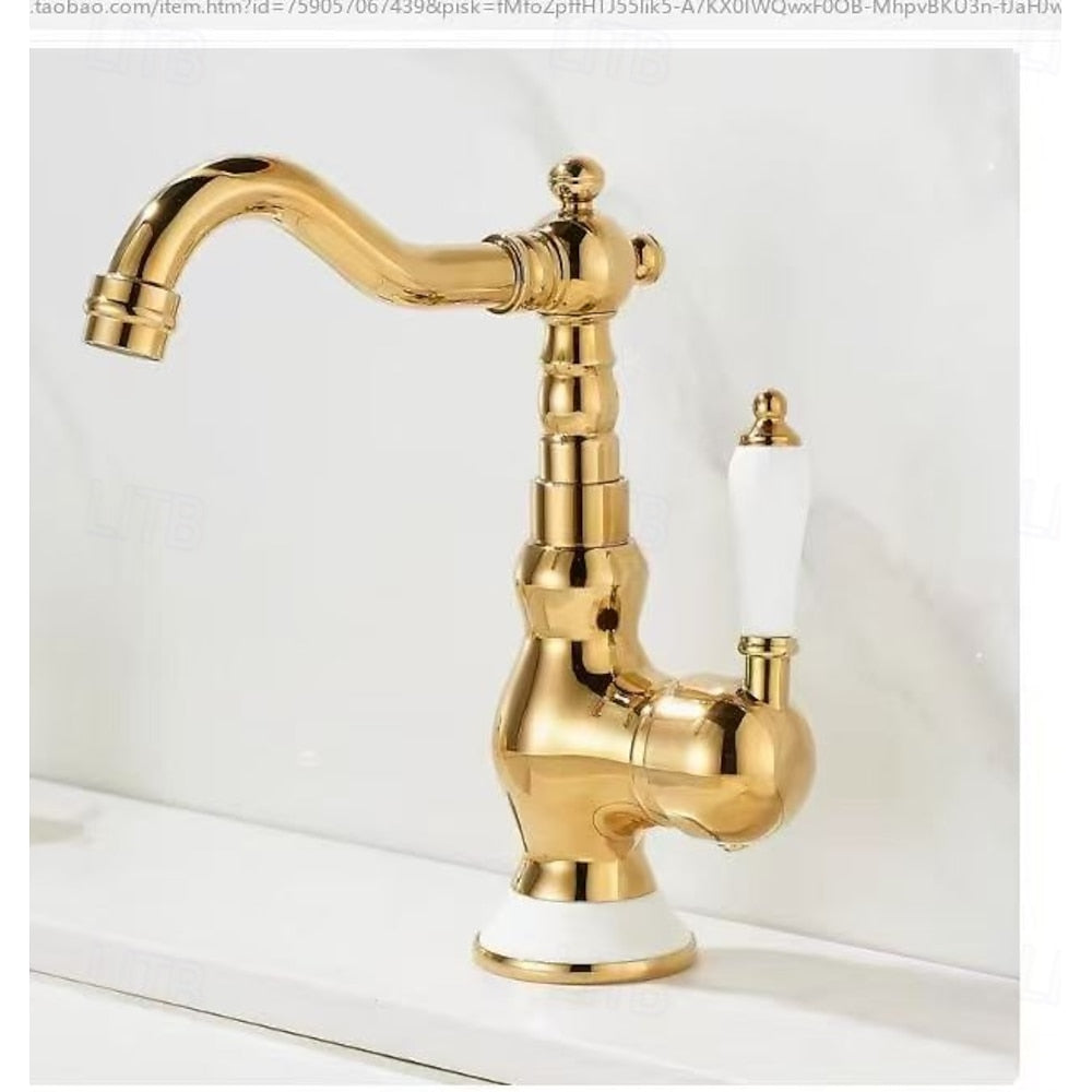 Traditional Ceramic Lever Handle Bathroom Faucet, Single-Hole Deck Mount High Arc Spout Faucet, Antique Brass / Chrome / Gunmetal / Matte White / Polished Gold