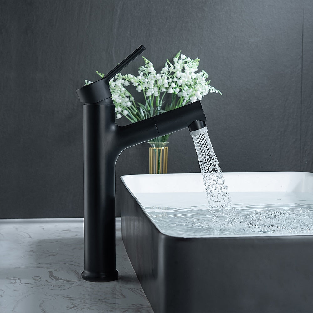 Pull-Out Single-Hole Bathroom Faucet, Modern Single-Handle Basin Faucet with 2-Mode Sprayer, Matte Black / Brushed Gold / Gunmetal