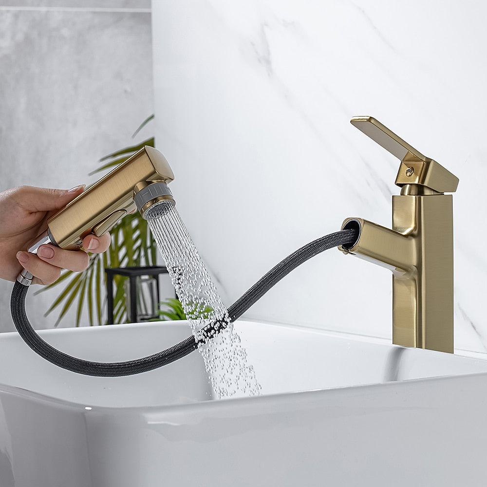 Pull-Out Single-Hole Brass Bathroom Faucet, Upward Fountain Spout Faucet, Chrome / Matte Black / Brushed Gold / Gunmetal
