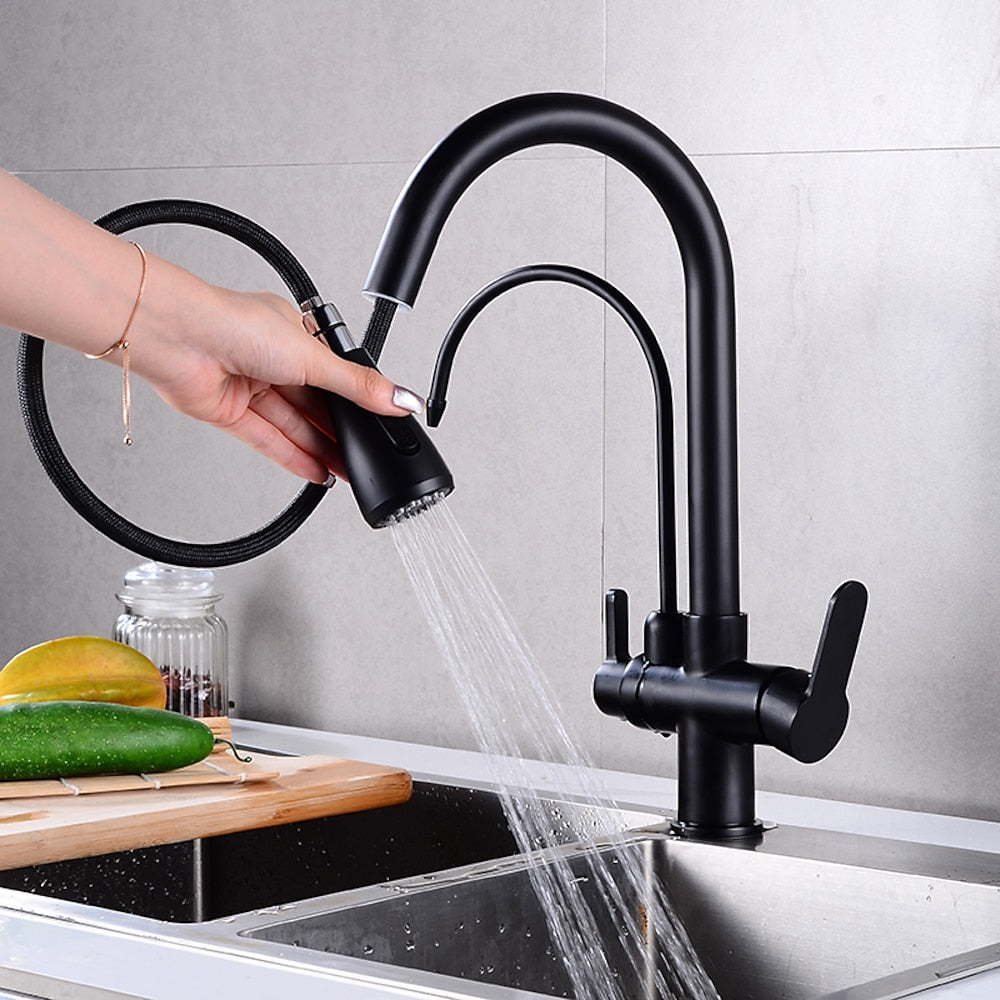 Modern 3-Way Pull-Down Kitchen Faucet, Dual-Handle Swivel Gooseneck Faucet, Gunmetal / Matte Black / Chrome / Matte White / Two-Tone / Antique Brass / Brushed Gold / Brushed Nickel