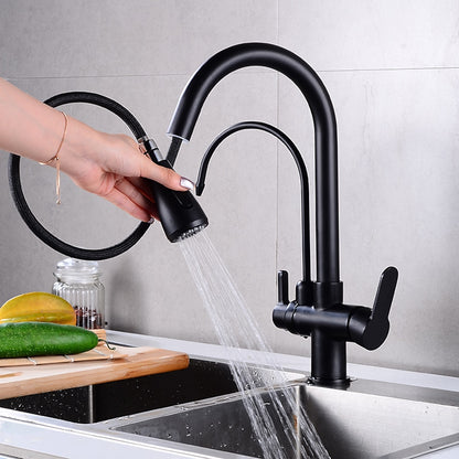 Modern 3-Way Pull-Down Kitchen Faucet, Dual-Handle Swivel Gooseneck Faucet, Gunmetal / Matte Black / Chrome / Matte White / Two-Tone / Antique Brass / Brushed Gold / Brushed Nickel