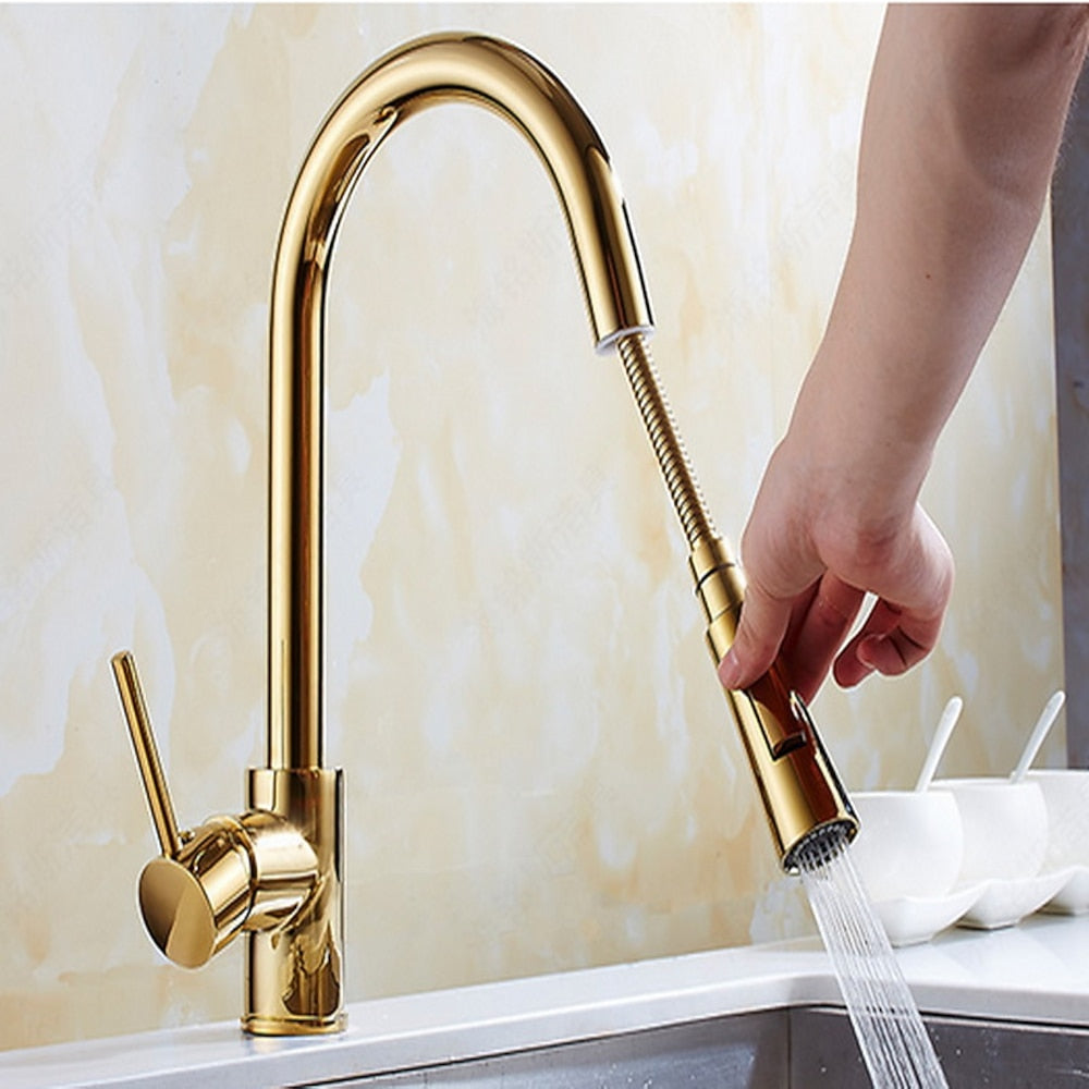 Polished Brass Pull-Down Kitchen Faucet, Single-Hole Single-Handle High Arc Swivel Brass Faucet