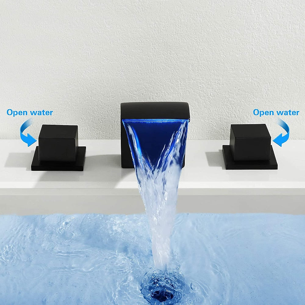 LED Waterfall Bathroom Faucet, Widespread Double-Handle Brass Faucet, Matte Black / Brushed Nickel / Chrome