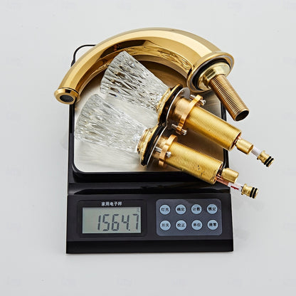 Polished Gold Modern Bathroom Faucet, Dual Crystal Knob Widespread Faucet