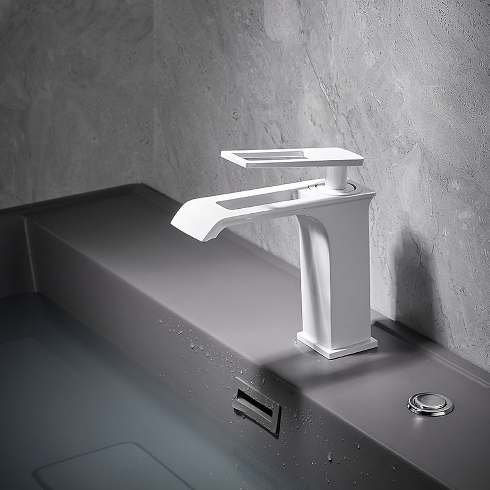 Modern Waterfall Bathroom Faucet, Single-Handle Brass Faucet, Brushed Gold / Chrome / Gunmetal / Matte Black / Matte White