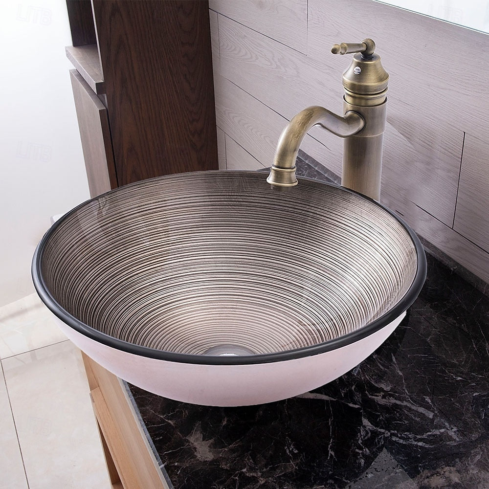Antique Brass Single-Hole Vessel Faucet, Circular Stripe Tempered Glass Vessel Sink Combo with Pop-Up Drain / Mounting Ring