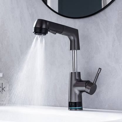 LED Digital Display Pull-Out Bathroom Faucet, Liftable Single-Handle Deck Mount Faucet, Gunmetal / Matte White / Chrome