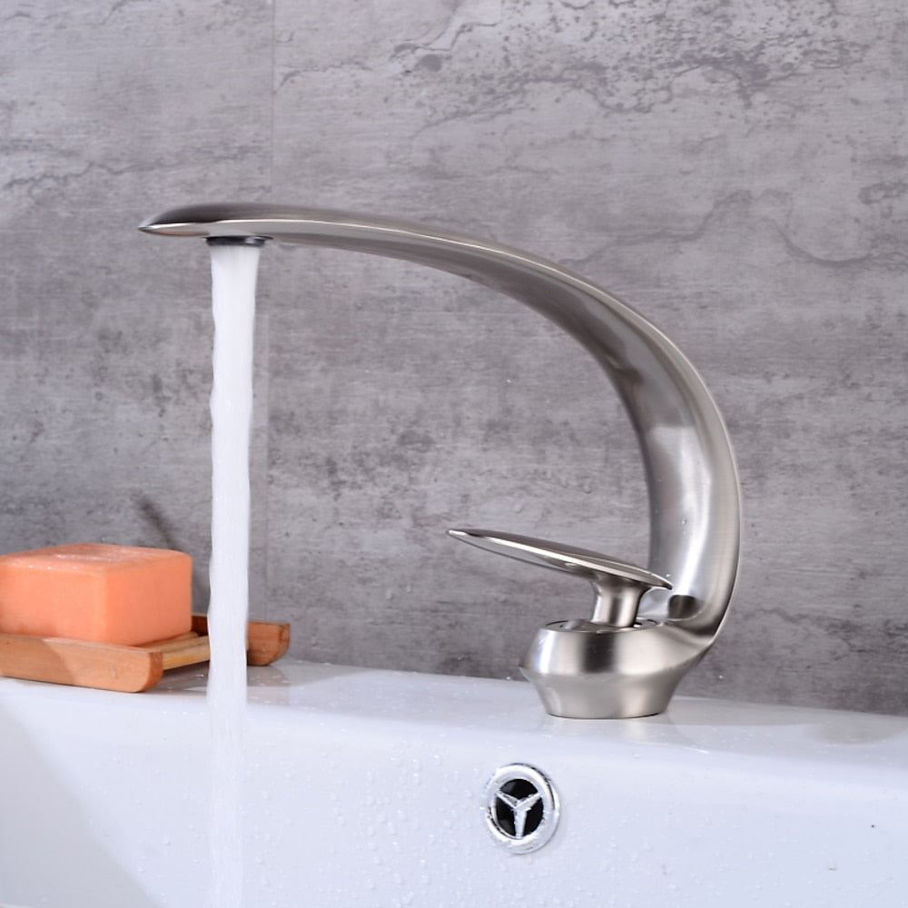 High Arc Spout Modern Single-Hole Bathroom Faucet, Single-Handle Brass Body Sink Faucet