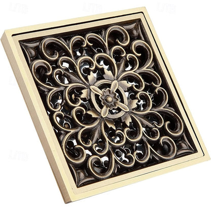 Antique Brass Traditional Square Floor Drain, Floor-Mounted Brass Drain with Removable Grate