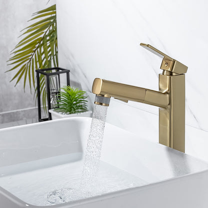 Pull-Out Single-Hole Brass Bathroom Faucet, Upward Fountain Spout Faucet, Chrome / Matte Black / Brushed Gold / Gunmetal
