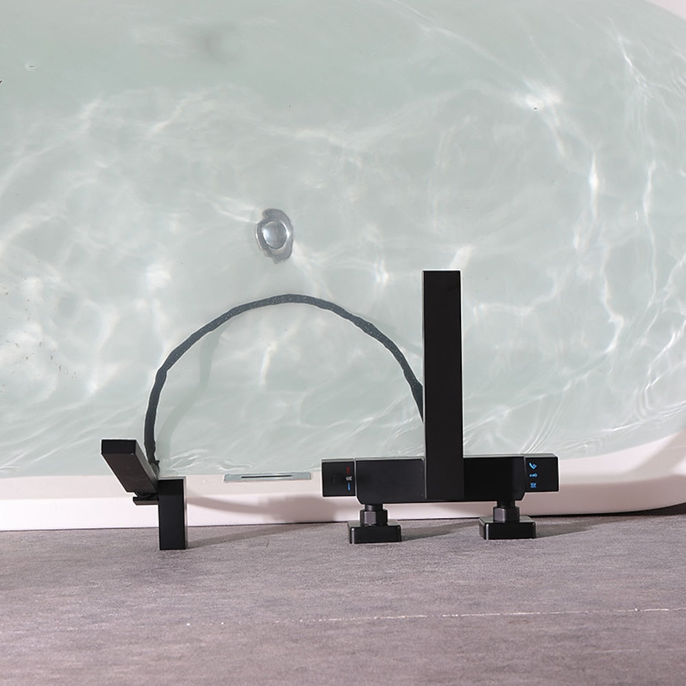 Matte Black Thermostatic Wall-Mount Bathtub Faucet, Dual-Handle Brass Tub Filler with Handheld Shower