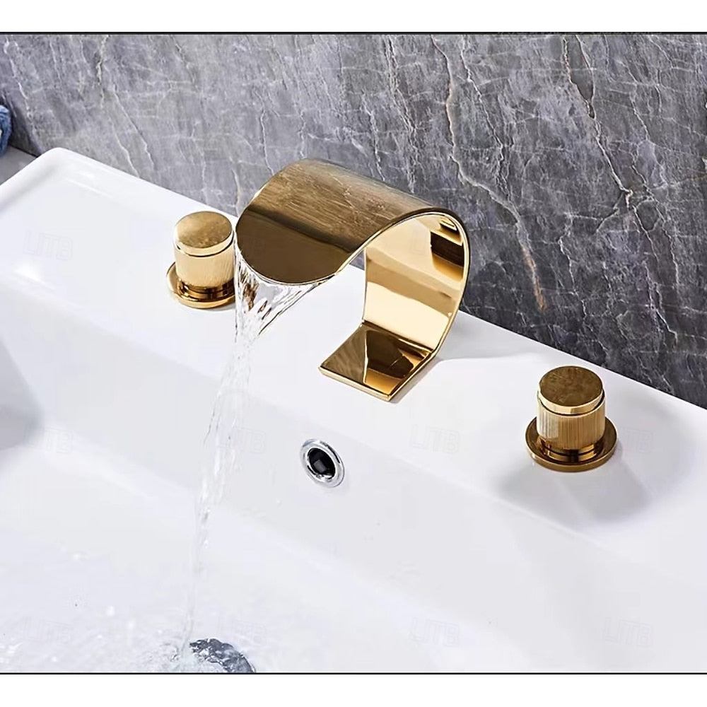 Modern Waterfall Widespread Bathroom Faucet, Double Knob Handle Brass Faucet, Brushed Gold / Matte Black / Chrome / Gunmetal / Matte White