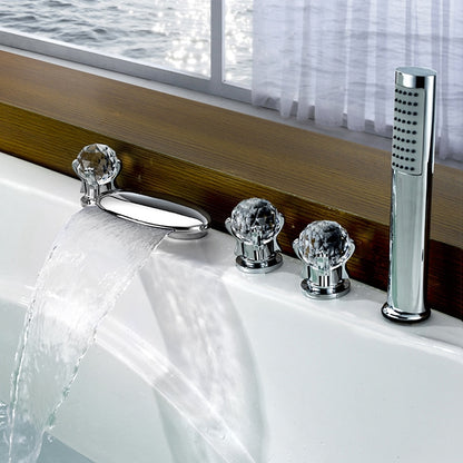 Waterfall Contemporary Chrome Roman Tub Faucet, 5-Hole 3-Handle Brass Tub Filler with Handheld Shower