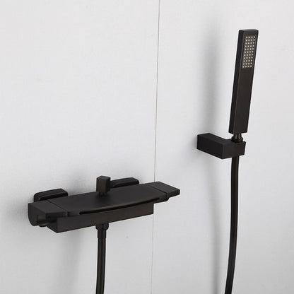 Waterfall Wall-Mount Tub Filler, Modern Brass Dual-Handle Bathtub Faucet with Handheld Shower, Chrome / Matte Black