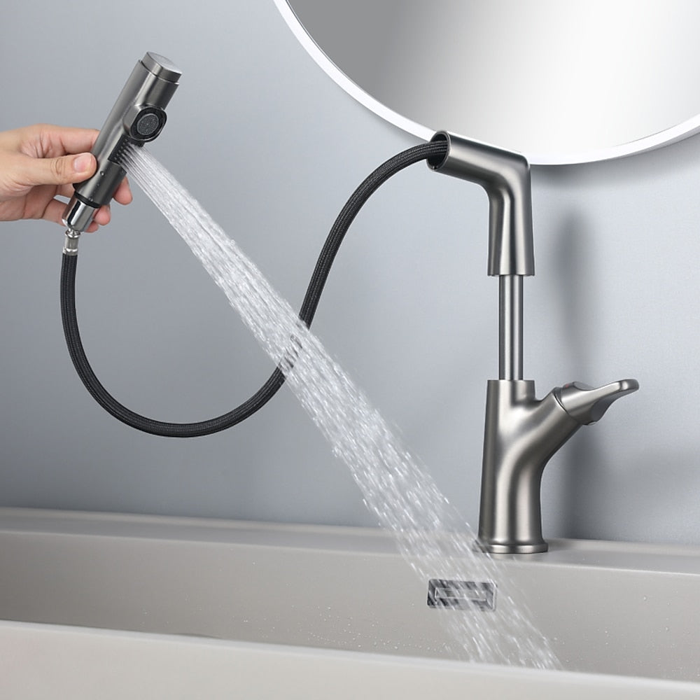 Pull-Out Spout Modern Bathroom Faucet, Single-Handle Single-Hole Swivel Faucet, Matte White / Chrome / Gunmetal
