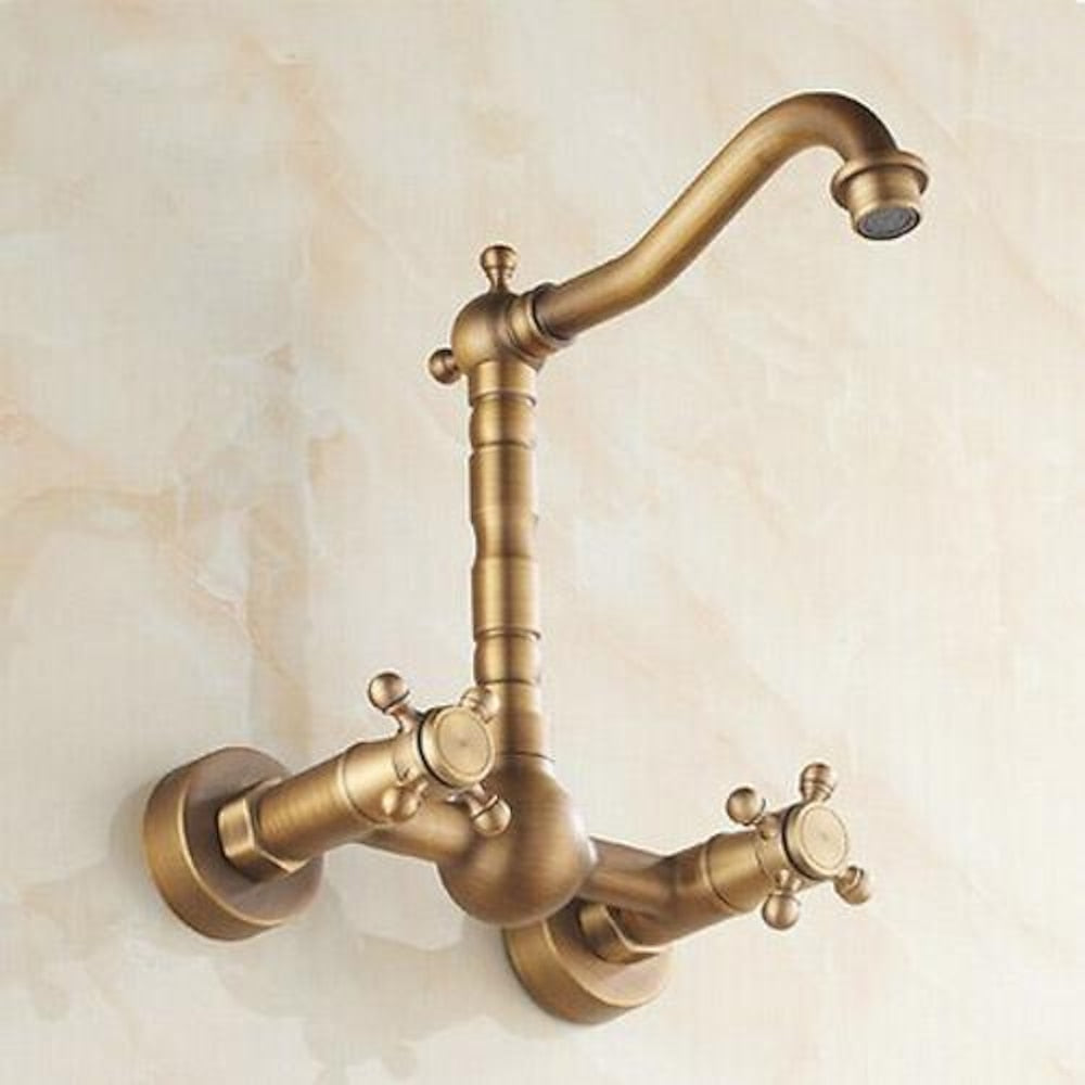 Wall-Mount Antique Brass Kitchen Faucet, Traditional Dual-Handle Swivel Spout Faucet with Inlet Hoses