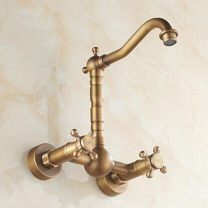 Wall-Mount Antique Brass Kitchen Faucet, Traditional Dual-Handle Swivel Spout Faucet with Inlet Hoses