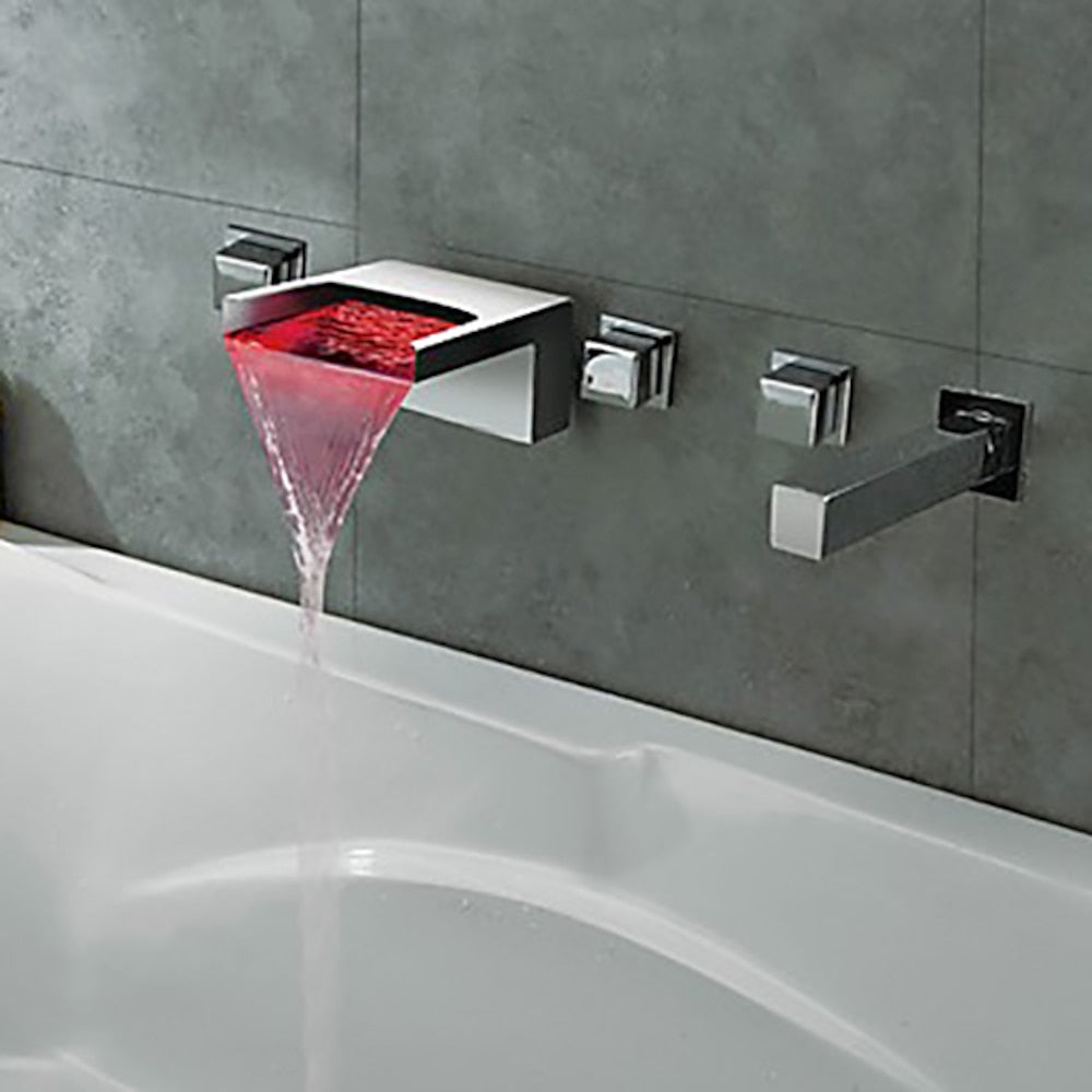 Chrome LED Waterfall Wall-Mount Tub Faucet, 3-Handle Brass Valve Bathtub Faucet with Handheld Shower