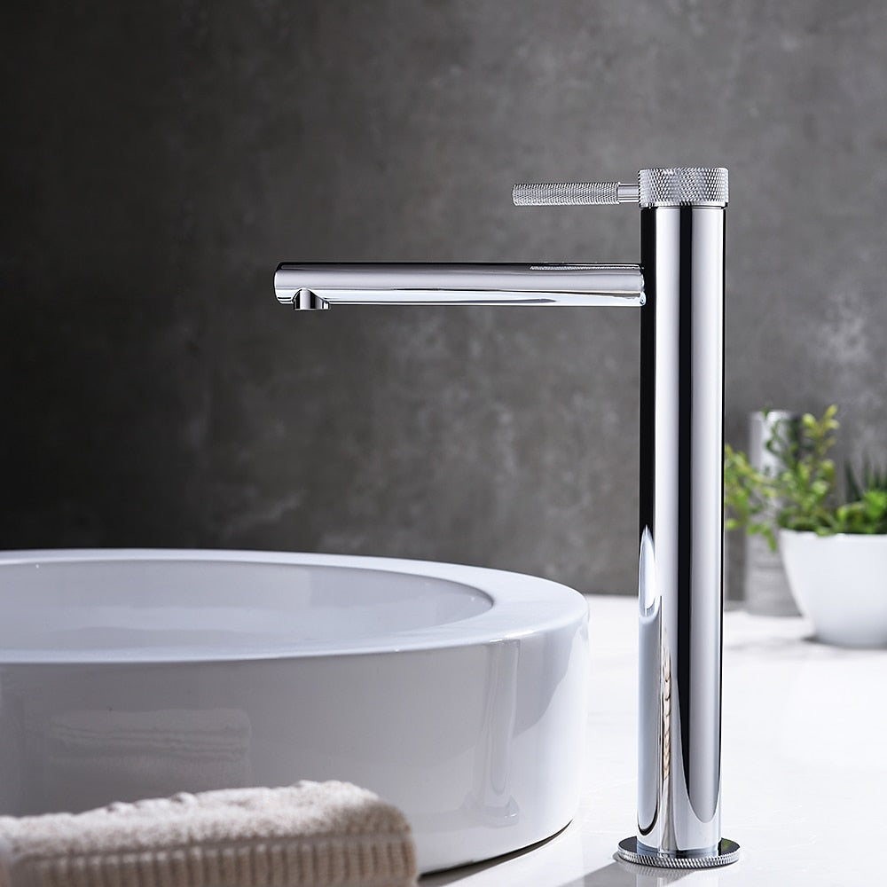 Modern Single-Handle Tall Vessel Sink Faucet, Solid Brass Bathroom Faucet with Knurled Handle, Chrome / Matte Black / Brushed Gold / Rose Gold / Matte White