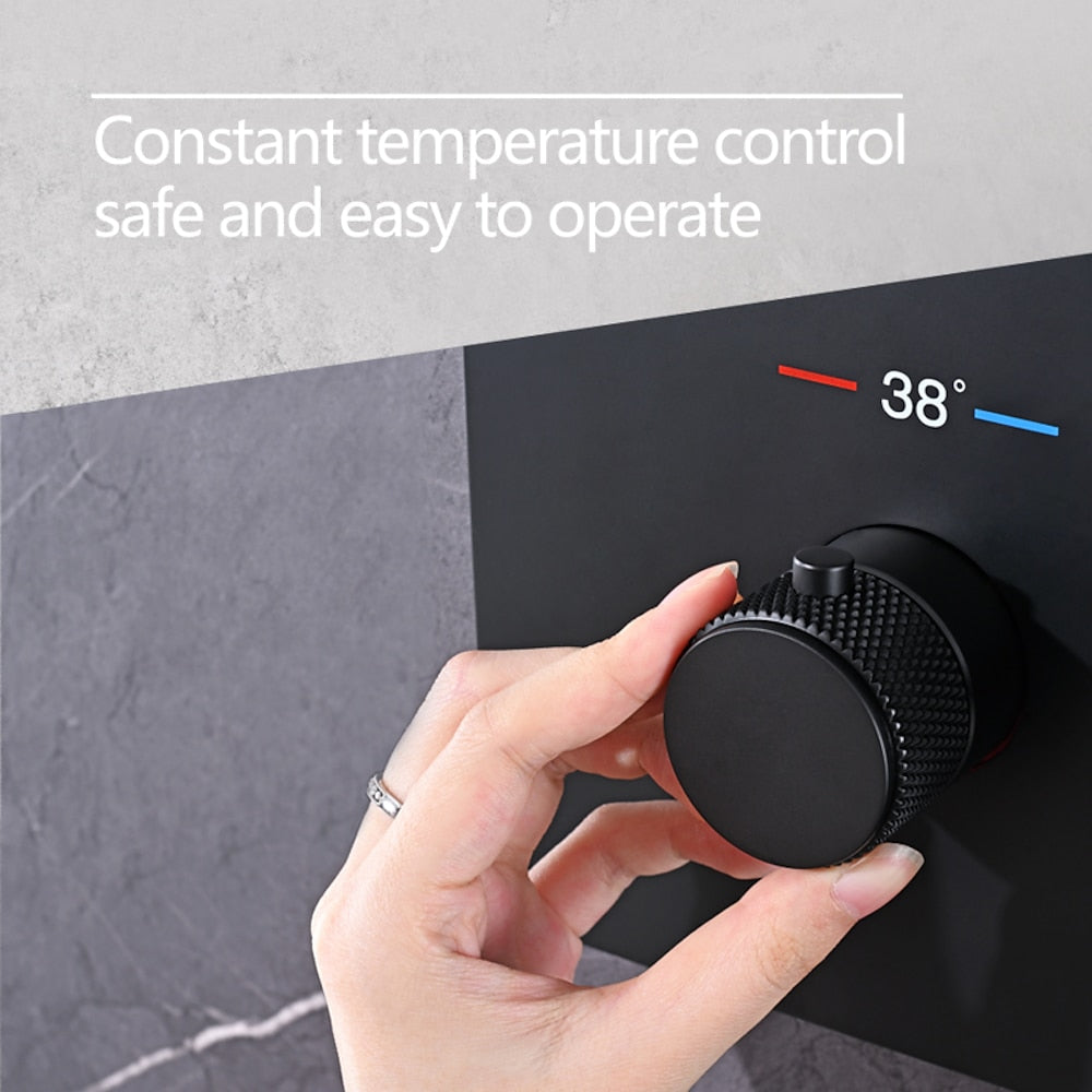 Matte Black LED Rainfall Waterfall Complete Shower System, Ceiling Mounted Thermostatic Valve Shower Set with Handheld Shower / Body Jets