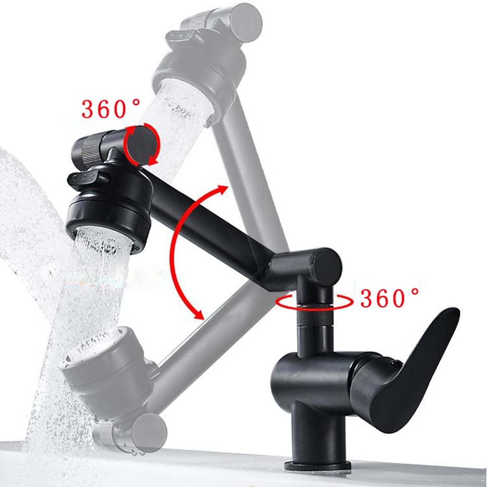 Height-Adjustable Modern Bathroom Sink Faucet, Single-Hole Swivel Spout Faucet, Matte Black / Chrome