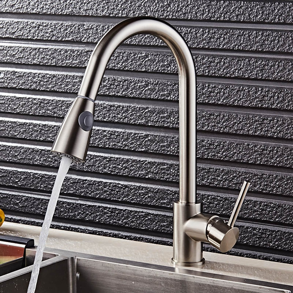 Pull-Down Brushed Nickel Kitchen Faucet, Single-Handle High Arc Faucet