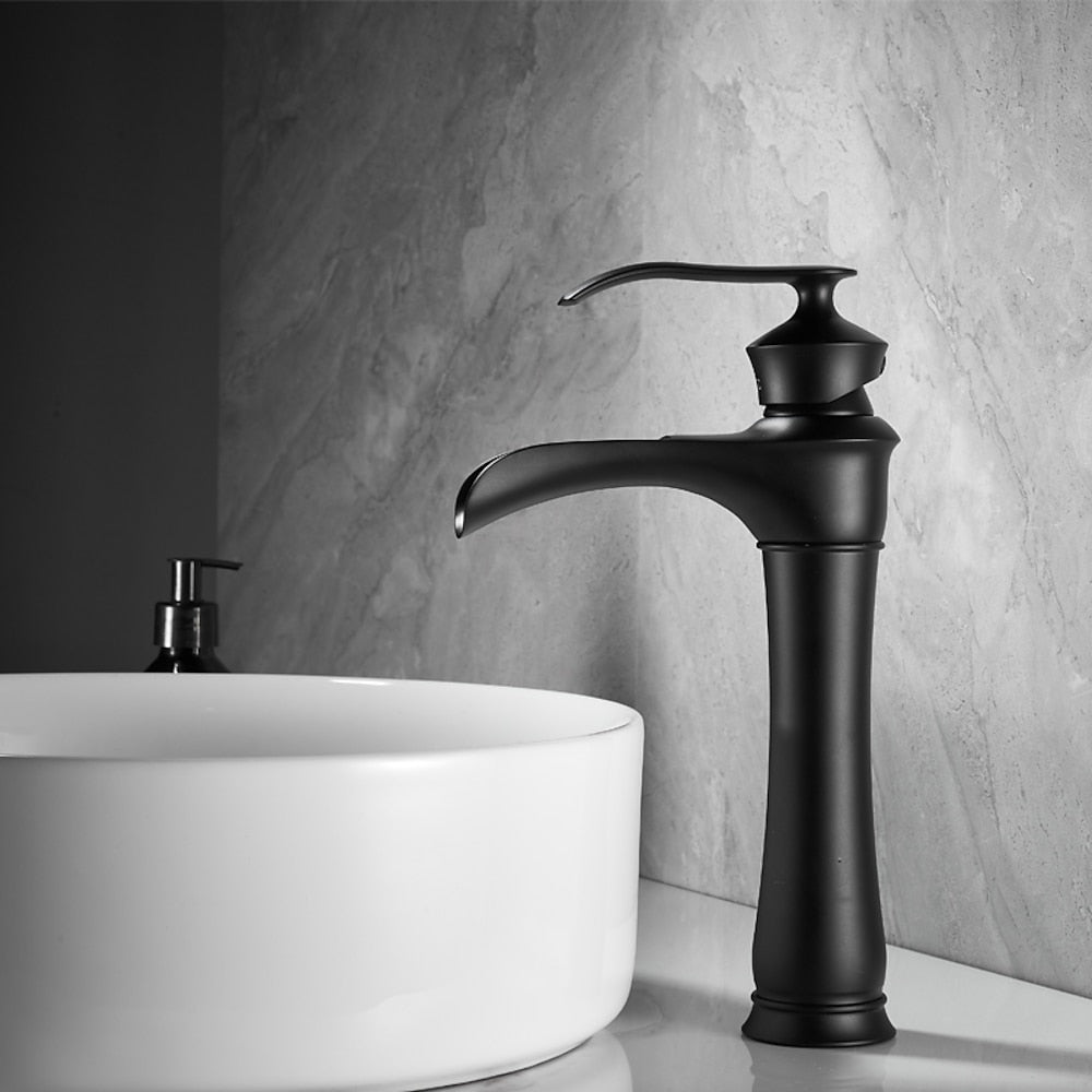 Matte Black Waterfall Vessel Bathroom Faucet, Single-Handle Single-Hole Basin Faucet