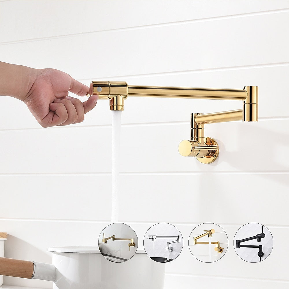 Wall-Mount Folding Pot Filler Faucet, Dual-Handle Kitchen Faucet, Chrome / Matte Black / Polished Gold / Brushed Gold