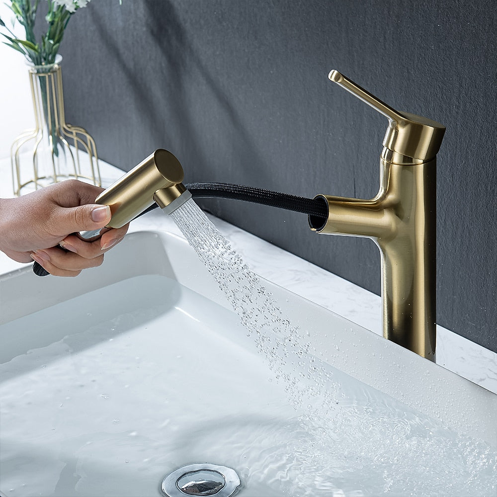 Pull-Out Single-Hole Bathroom Faucet, Modern Single-Handle Basin Faucet with 2-Mode Sprayer, Matte Black / Brushed Gold / Gunmetal