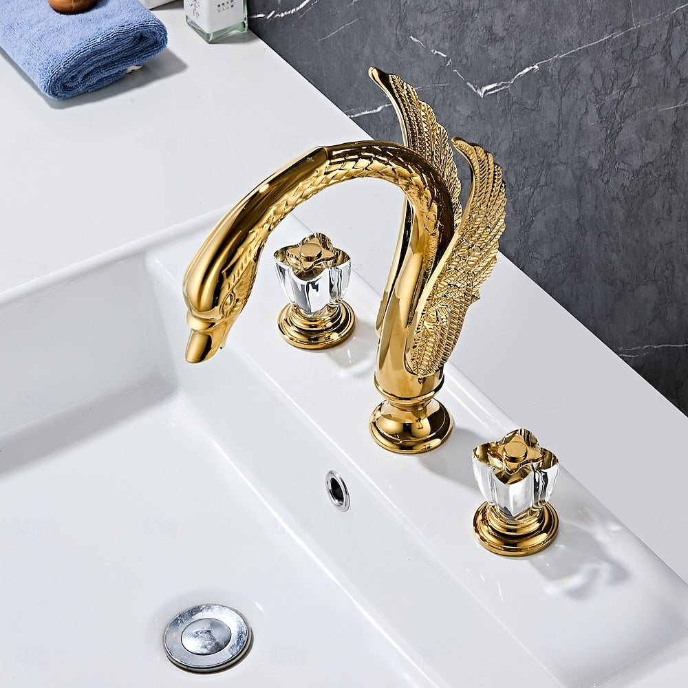Polished Gold Swan Design Widespread Bathroom Faucet, 3-Hole Dual-Handle Faucet with Crystal Knob Handles