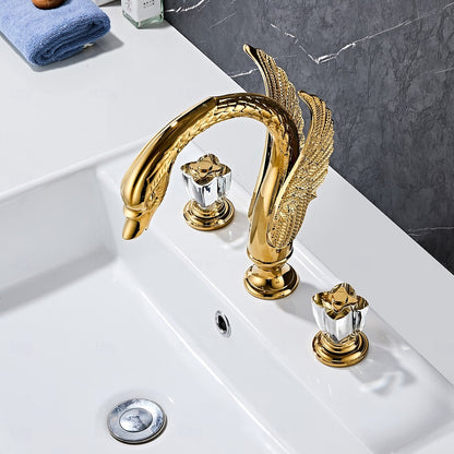 Polished Gold Swan Design Widespread Bathroom Faucet, 3-Hole Dual-Handle Faucet with Crystal Knob Handles