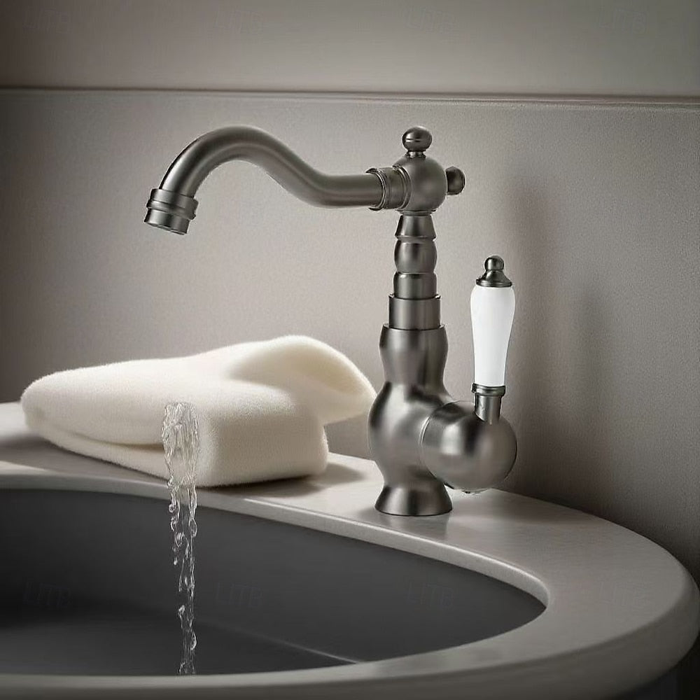 Traditional Ceramic Lever Handle Bathroom Faucet, Single-Hole Deck Mount High Arc Spout Faucet, Antique Brass / Chrome / Gunmetal / Matte White / Polished Gold