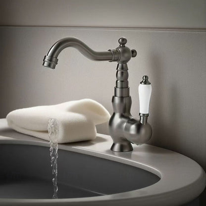 Traditional Ceramic Lever Handle Bathroom Faucet, Single-Hole Deck Mount High Arc Spout Faucet, Antique Brass / Chrome / Gunmetal / Matte White / Polished Gold