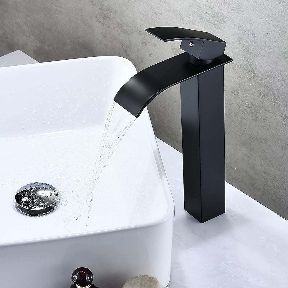 Waterfall Single-Hole Bathroom Faucet, Modern Single-Handle Vessel Sink Faucet, Matte Black / Polished Gold