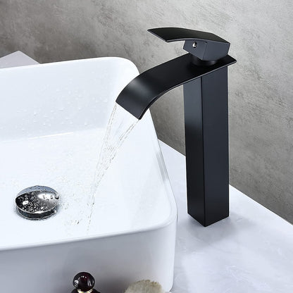 Waterfall Single-Hole Bathroom Faucet, Modern Single-Handle Vessel Sink Faucet, Matte Black / Polished Gold