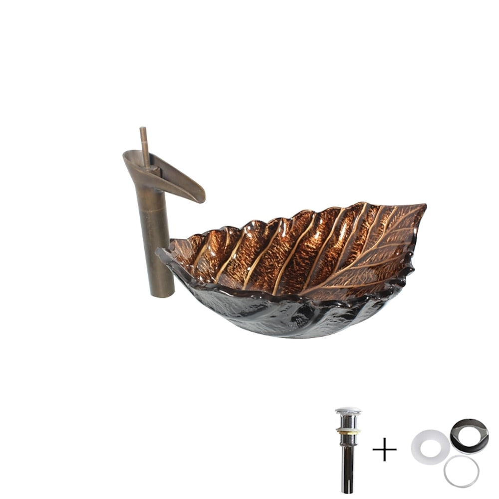 Antique Brass Single-Handle Waterfall Faucet, Leaf-Shaped Tempered Glass Vessel Sink Set with Pop-Up Drain