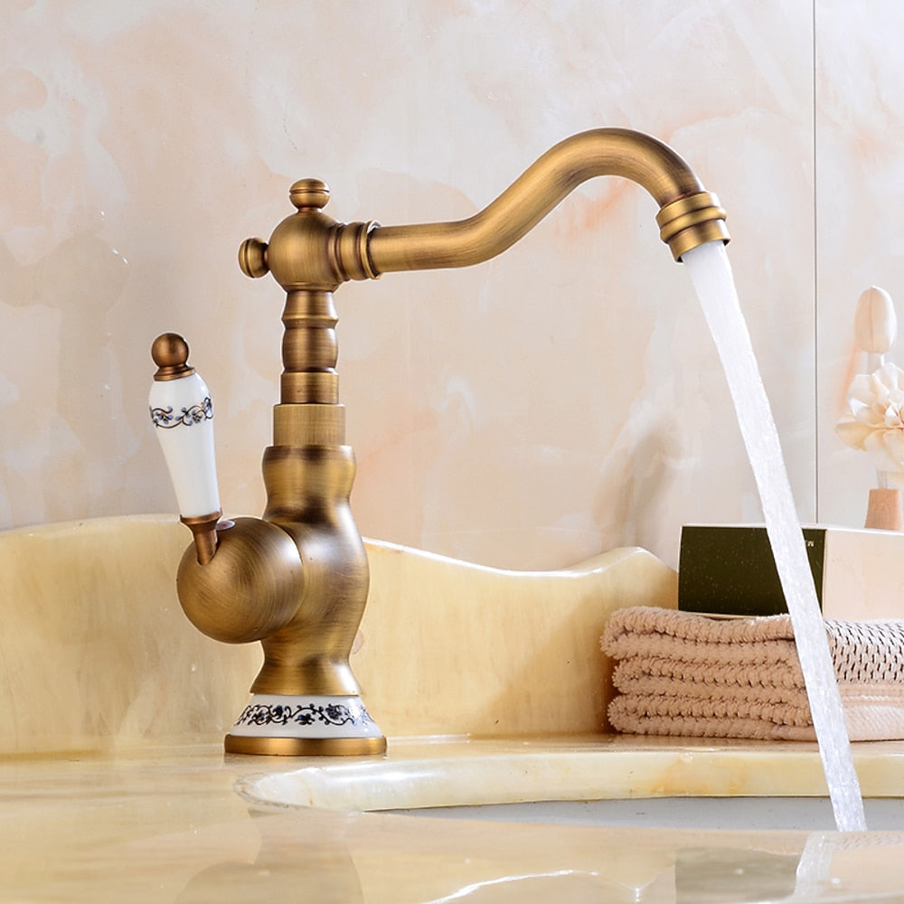 Traditional Swivel Spout Bathroom Faucet, Single-Hole Single-Handle Ceramic Lever Faucet, Antique Brass / Chrome / Polished Gold