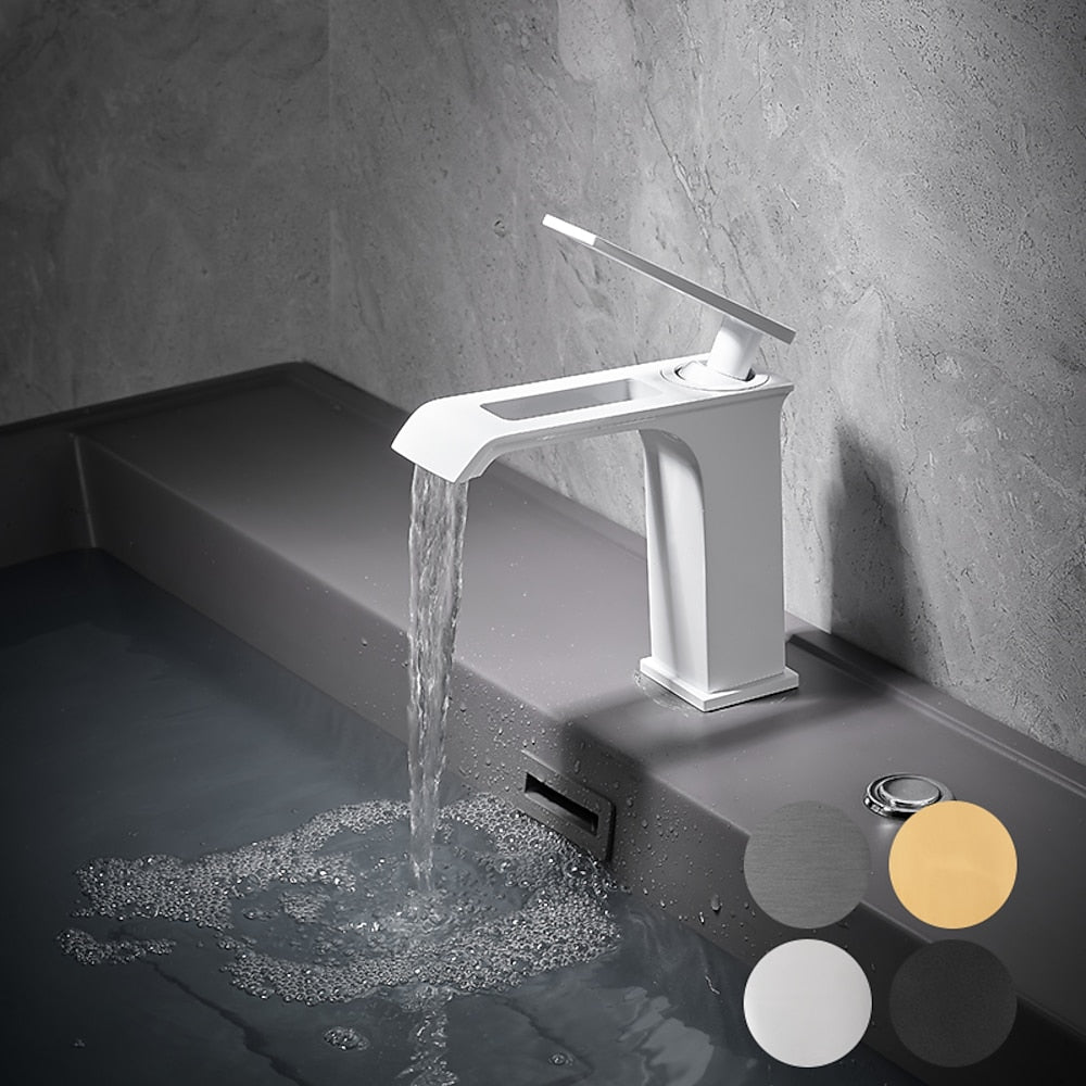 Modern Waterfall Bathroom Faucet, Single-Handle Brass Faucet, Brushed Gold / Chrome / Gunmetal / Matte Black / Matte White