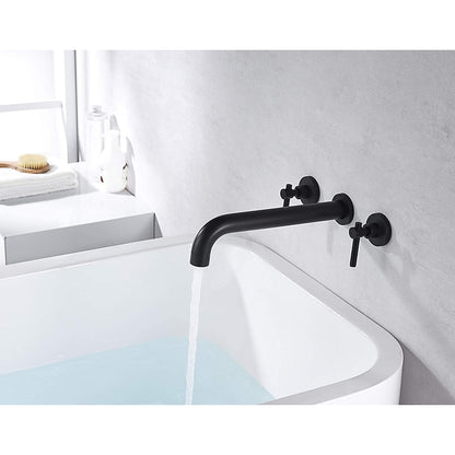 Modern Minimalist Wall-Mount Dual-Handle Bathroom Faucet, Long Spout Brass Sink Faucet, Matte Black / Chrome