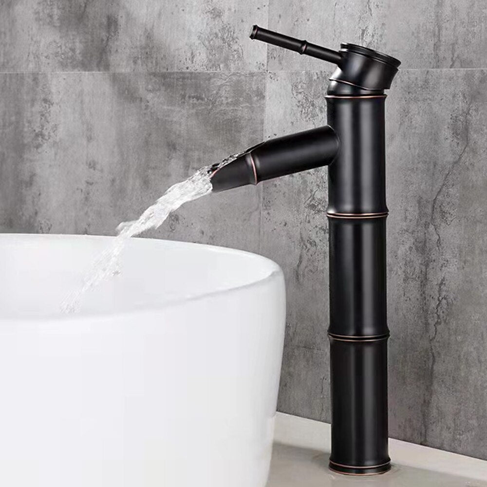 Bamboo Shape Waterfall Bathroom Faucet, Single-Handle Vessel Sink Faucet, Antique Brass / Matte Black / Brushed Nickel