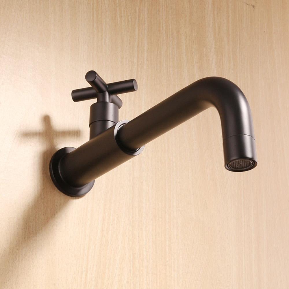Matte Black Wall-Mount Single-Hole Bathroom Faucet, Single Cross Handle Cold Only Faucet