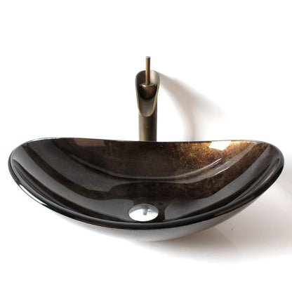 Antique Brass Single-Handle Waterfall Faucet with Oval Tempered Glass Vessel Sink, Bathroom Vanity Combo Set with Pop-Up Drain