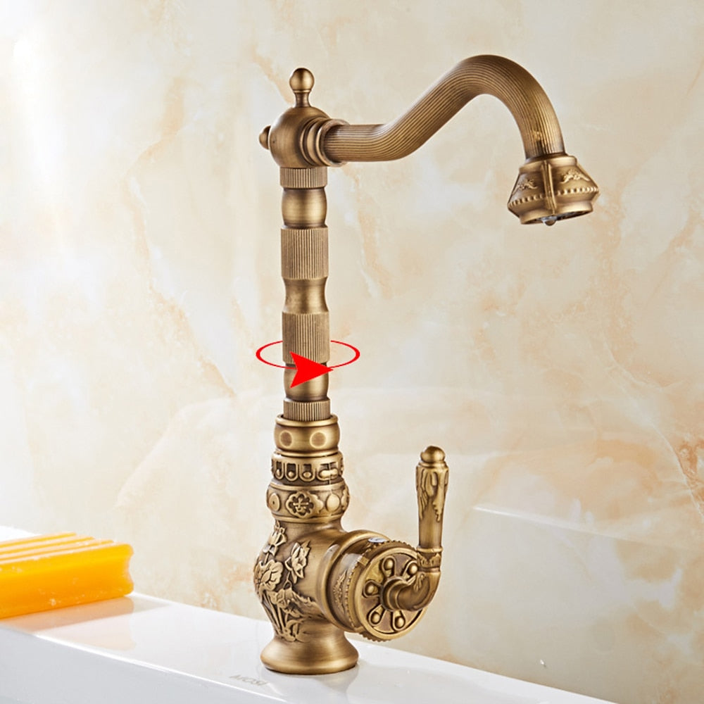 Antique Brass Traditional Single-Handle Kitchen Faucet, High Arc Swivel Spout Sink Faucet with Water Inlet Hoses
