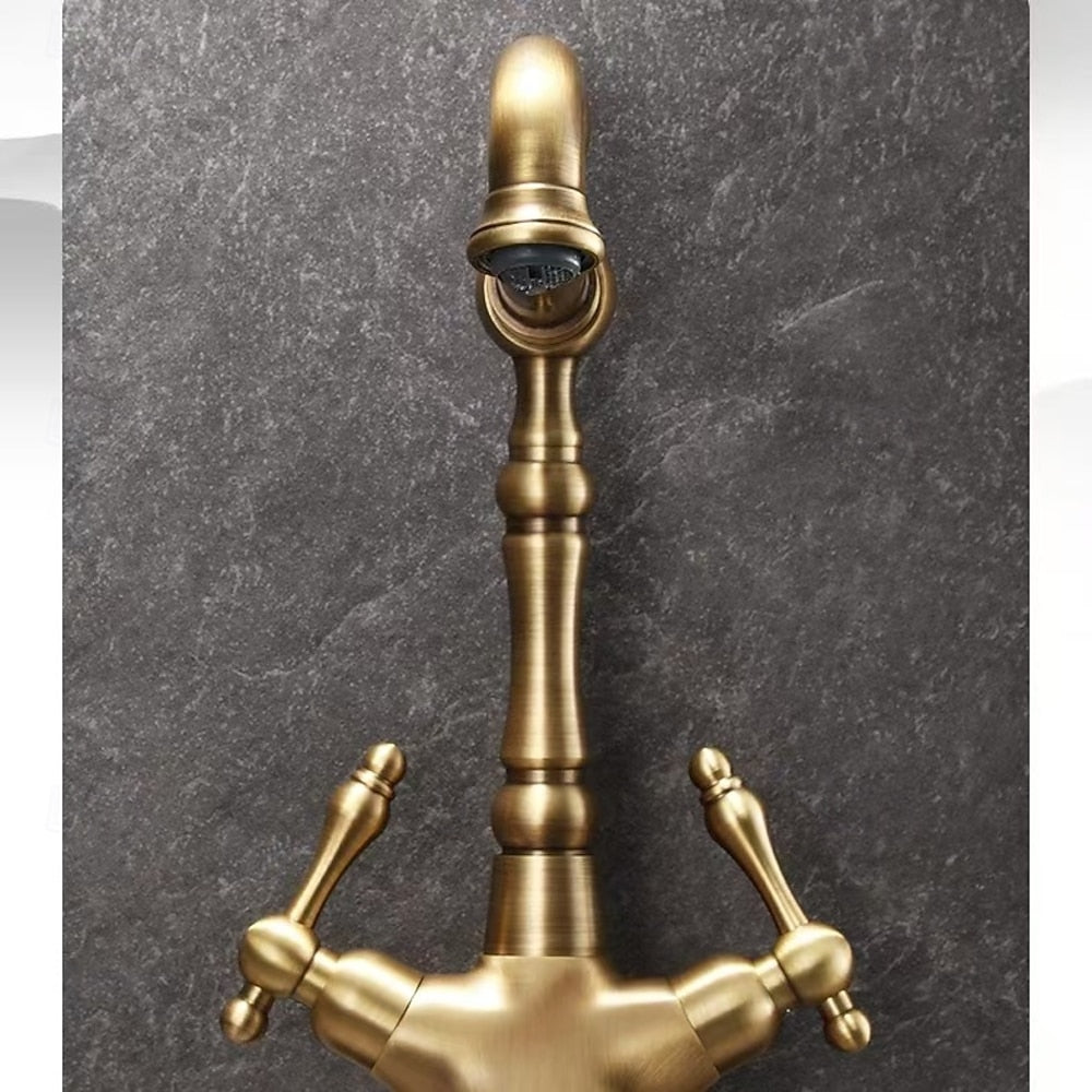 Vintage Antique Brass Single-Hole Bathroom Faucet, Double-Handle High-Arc Faucet